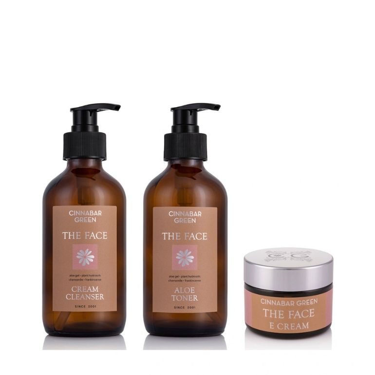 Cinnabar Green Cleanse, Tone, Moisturise set: Cream Cleanser, Aloe Toner and E Cream