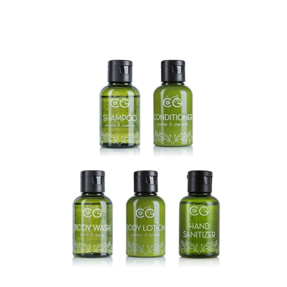 Five 50ml minis: Reviving Shampoo, Reviving Conditioner, Thyme Body Wash, Geranium Body Lotion and Hand Sanitiser