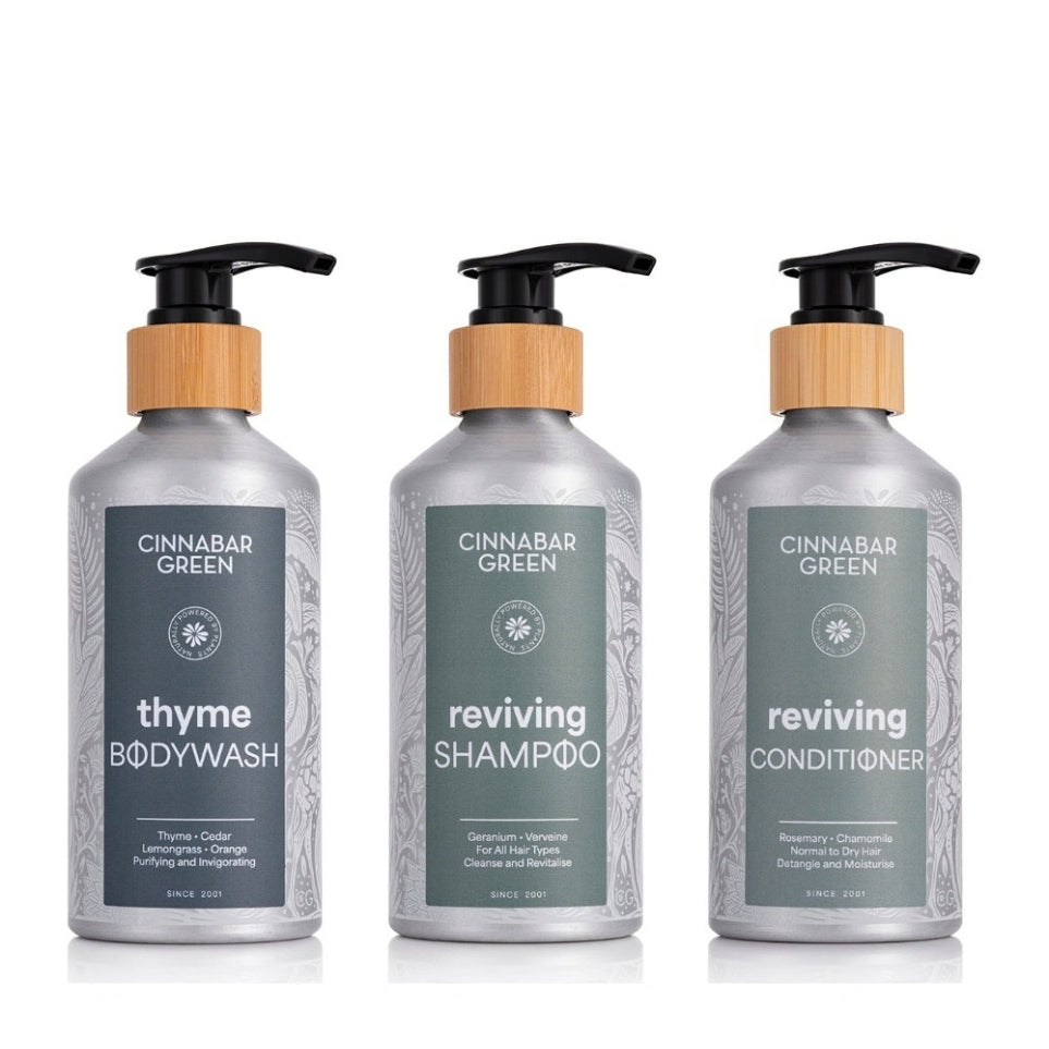 Cinnabar Green Shower Set: Thyme Body Wash, Reviving Shampoo and Reviving Conditioner 370ml