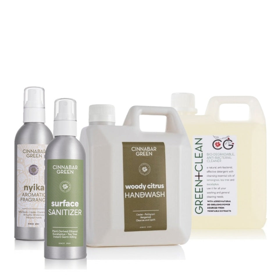 Cinnabar Green Clean Living Set with Nyika aromatic spray, Surface Sanitizer, Woody Citrus Hand Wash 1L and Green Clean 1L